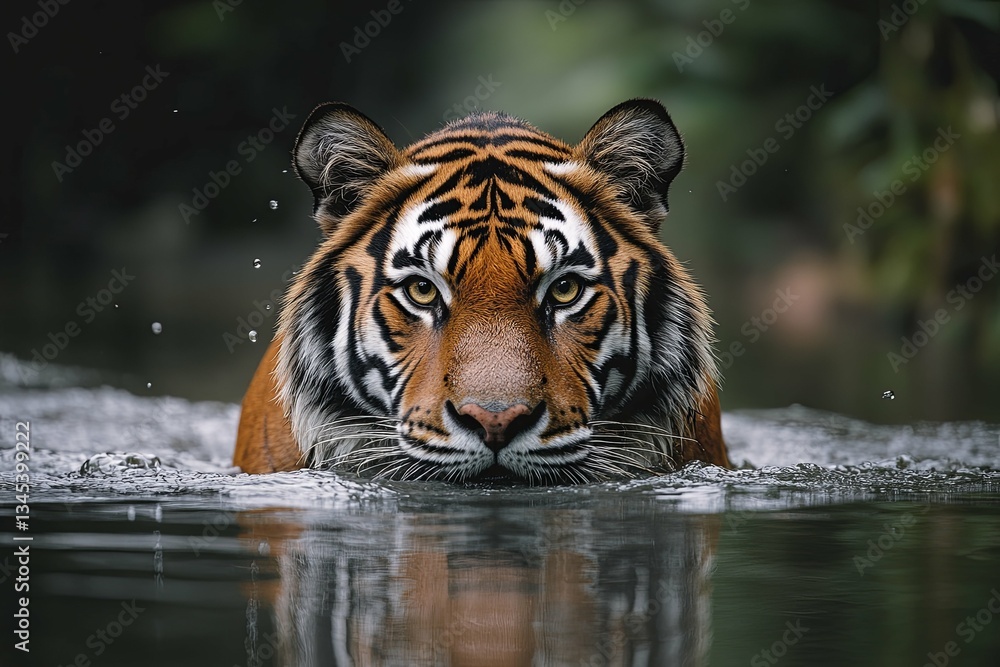 Naklejka premium A majestic tiger emerges from the cool water looking directly forward