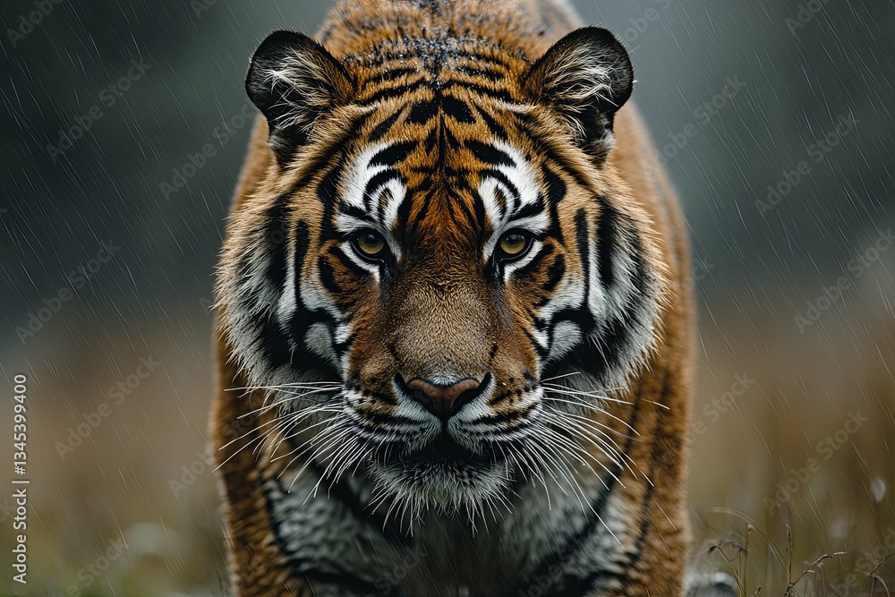 Fototapeta premium A close up portrait of a striking tiger in the rain