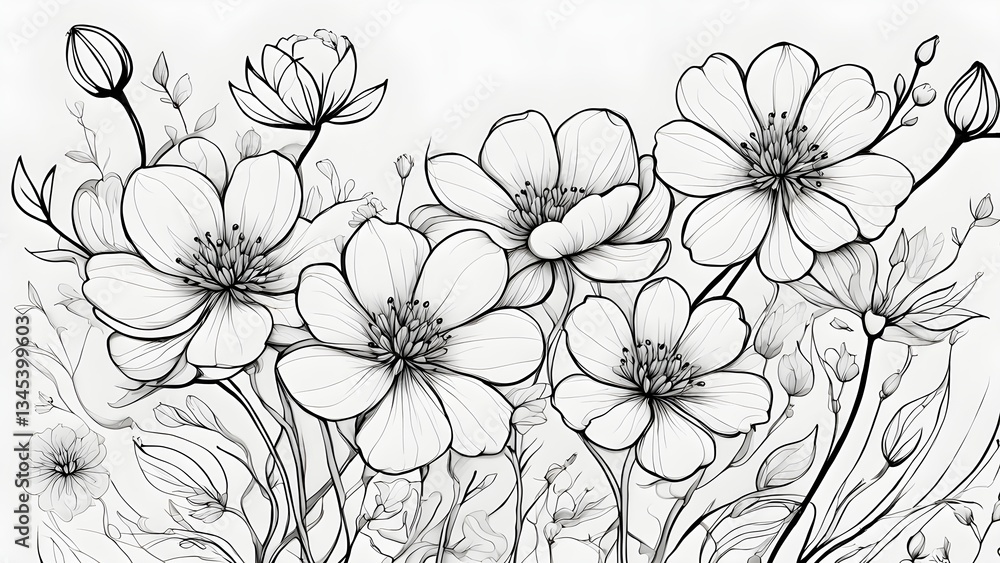 Fototapeta premium A detailed illustration a bouquet elegant monochrome flowers, featuring delicate linework shaded petals.