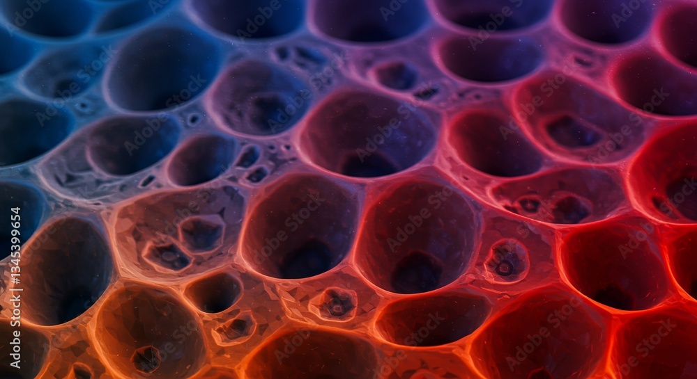The image is a close up of a red and blue object with many small holes The image is a close up of a red and blue object with many small holes