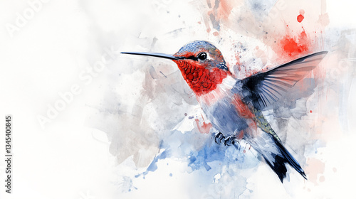 Watercolor hummingbird perched on a flowering branch against white background.