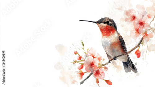Watercolor hummingbird perched on a flowering branch against white background.