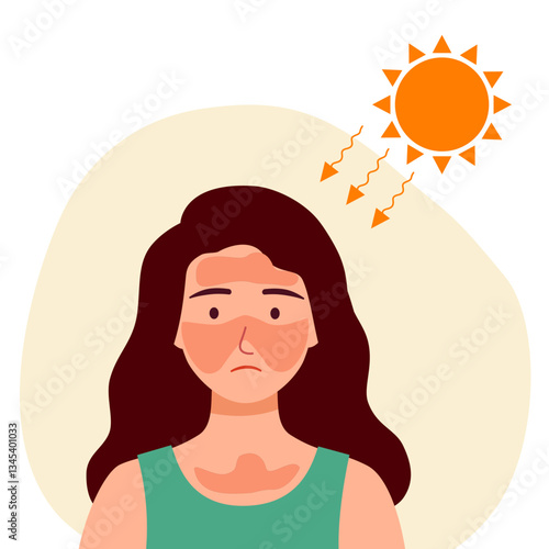Woman with sunburn on her face and body skin in flat design. UV radiation damage skin in hot summer day.