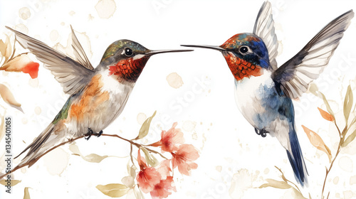 Watercolor hummingbird perched on a flowering branch against white background.
