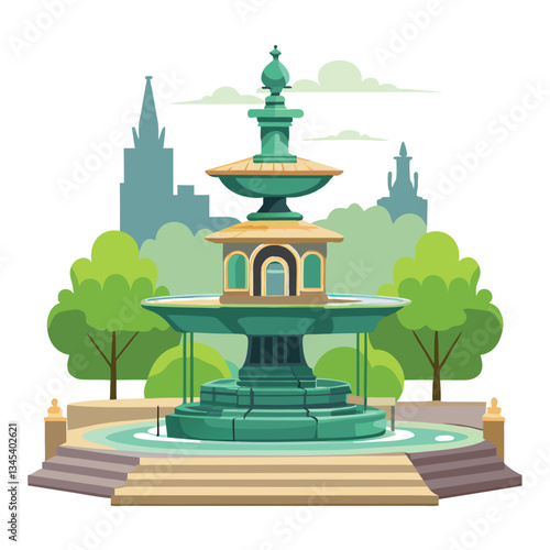 Central Park, Bethesda Terrace Fountain Hand-Drawn Vector Illustration