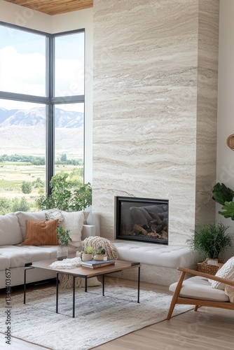 Modern living room with a stone fireplace and panoramic views
