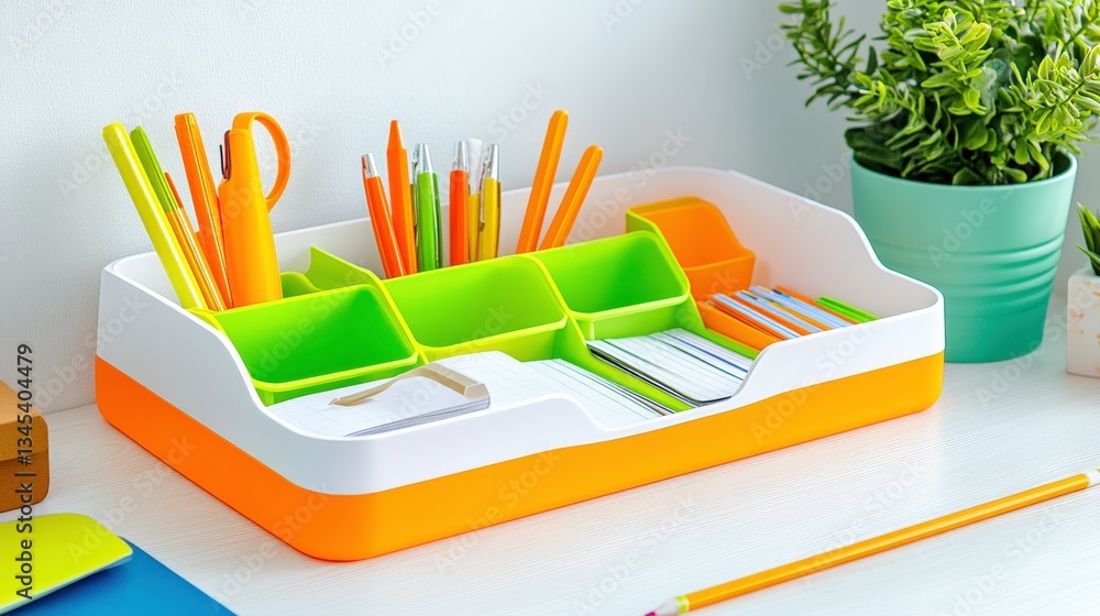 Fototapeta premium Vibrant Office Desk Organizer with Greenery Accent
