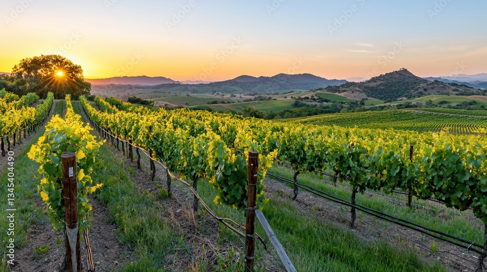Fototapeta premium Serene Sunset Over Lush Vineyard Landscape in Rolling Hills with Dramatic Sky and Golden Sun