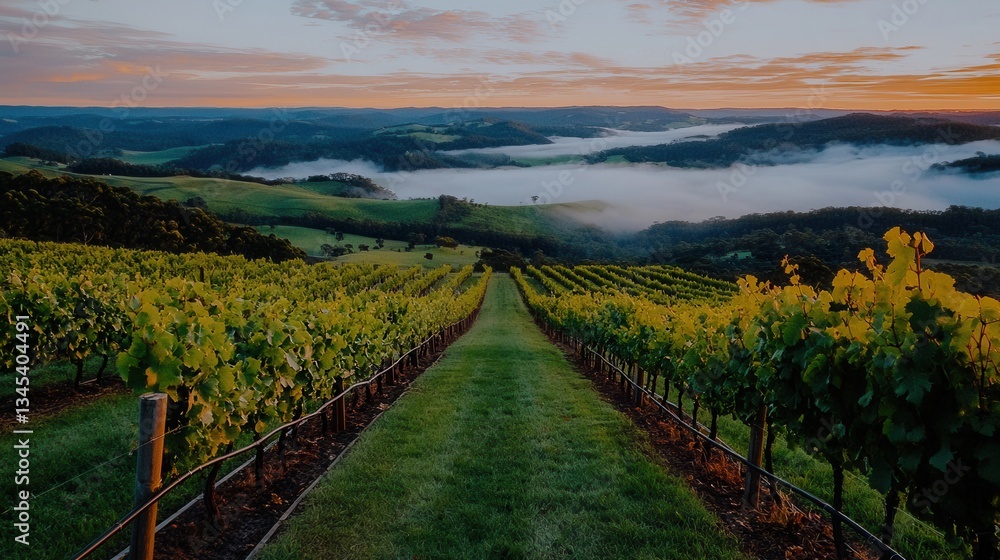 Naklejka premium Scenic Vineyard Landscape at Sunrise with Rolling Hills and Morning Mist Over Fields