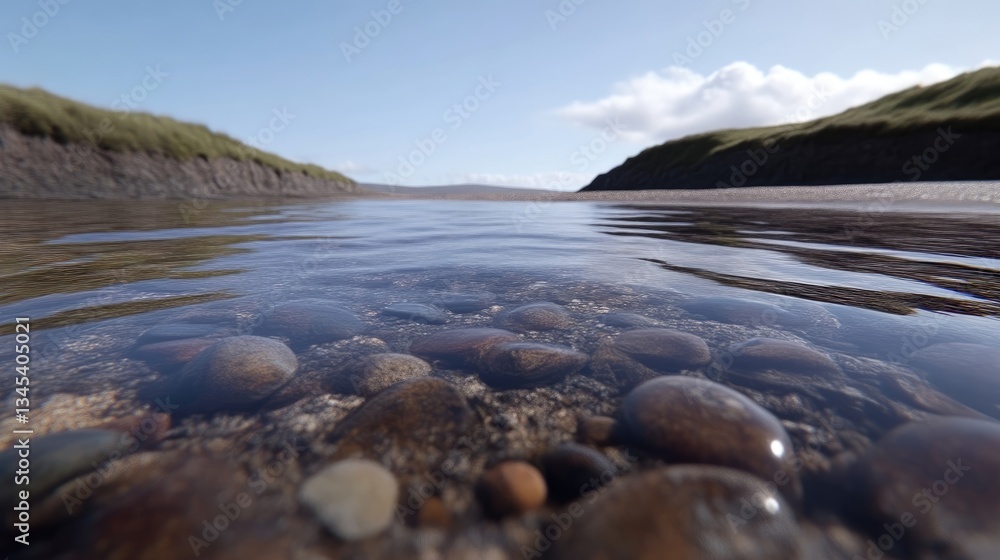 Obraz premium Crystal clear shallow water over smooth river stones. A tranquil coastal scene