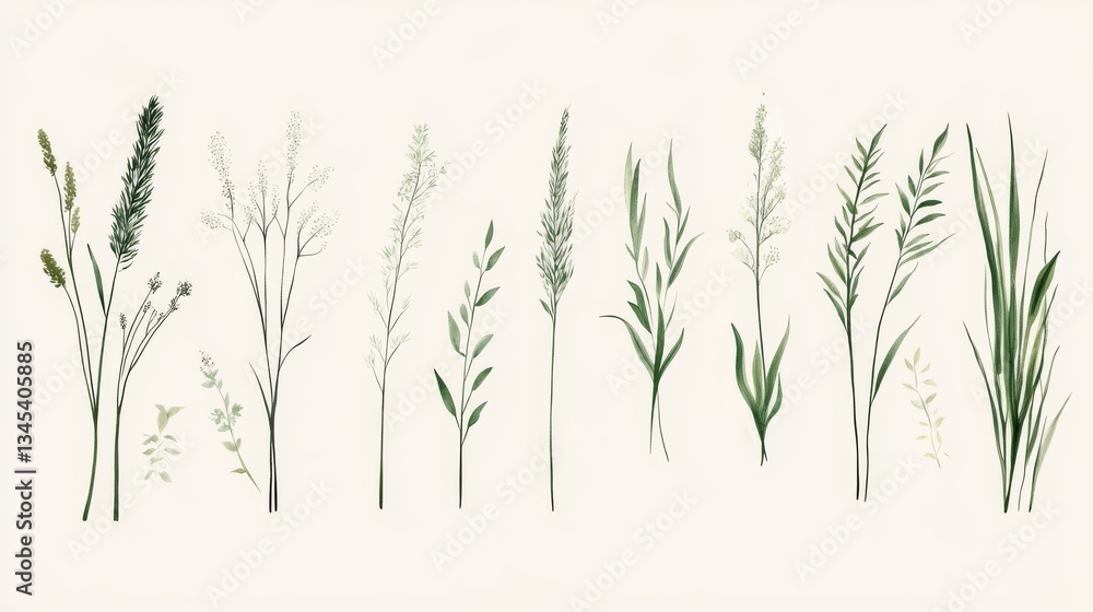 Obraz premium whimsical grass cluster collection, fresh green vegetation shapes, playful botanical drawings, linear grass blade arrangement, simple nature motifs, organic garden elements, professional illustration