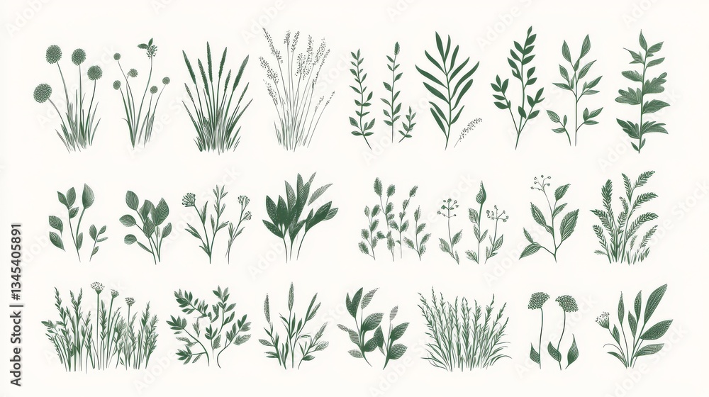 Fototapeta premium minimalist grass patch illustrations, spring green botanical elements, casual sketch technique, isolated lawn segments, natural growth patterns, professional vector artwork, environmental design