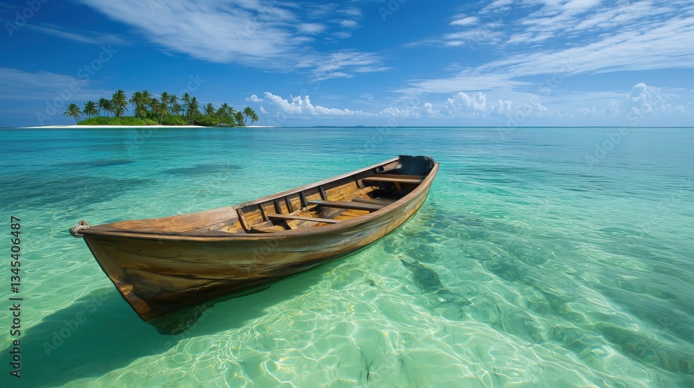 Naklejka premium A small wooden boat floating on clear shallow waters near a tropical island
