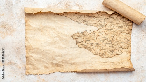 Ancient Map: A detailed, antique map with aged paper texture, depicting uncharted territories and the allure of exploration. The scroll evokes a sense of adventure, discovery, and the passage of time.