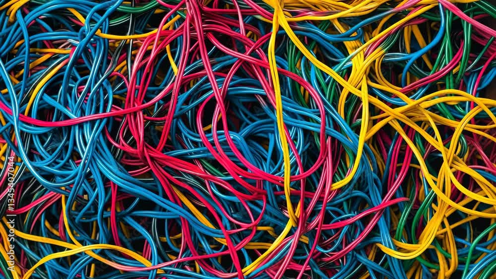 abstract tangled wires forming chaotic pattern, symbolic representation of connection and complexity, surreal artistic atmosphere abstract tangled wires forming chaotic pattern, symbolic representation of connection and complexity, surreal artistic atmosphere