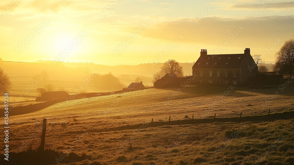 Obraz premium tranquil rural vista, traditional stone farm buildings, patchwork fields and meadows, grazing livestock silhouettes, historic agricultural landscape, golden sunset lighting, ancient woodland edges,