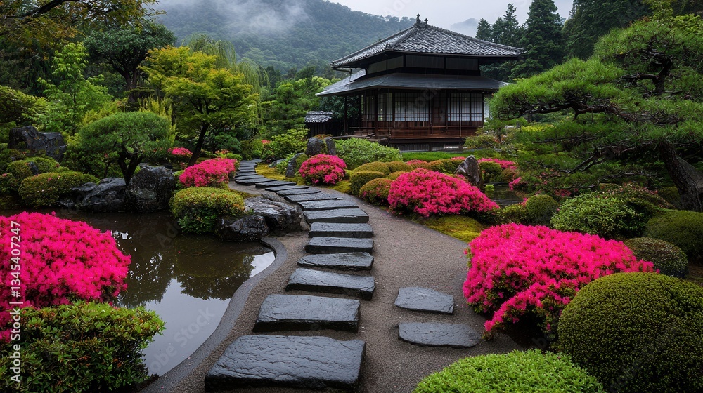 Fototapeta premium Serene Japanese Garden with Colorful Azaleas and Traditional House Amidst Lush Greenery