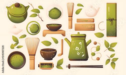 Illustration of matcha tea leaves, harvesting, processing, traditional tools, tea ceremonies, matcha beverages, desserts, and green tea plantations on a white background.