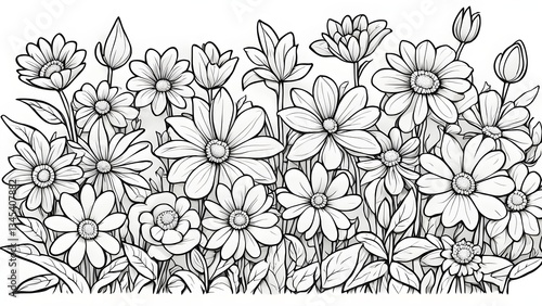 A detailed black white illustration showcasing a vibrant array daisies other flowers full bloom.