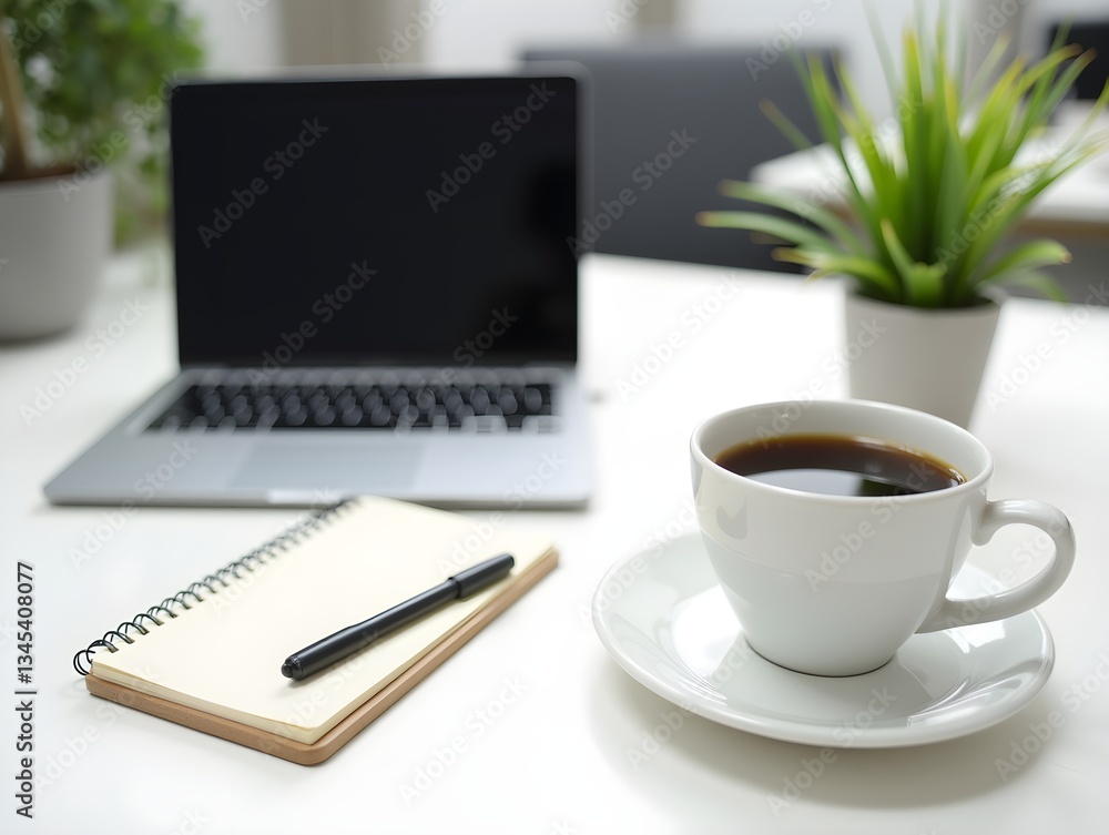 Workspace Essentials A desk setup for a genetic analyst with a laptop a notepad coffee cup and a plant illustrating a welcoming work environment.. Workspace Essentials A desk setup for a genetic analyst with a laptop a notepad coffee cup and a plant illustrating a welcoming work environment..