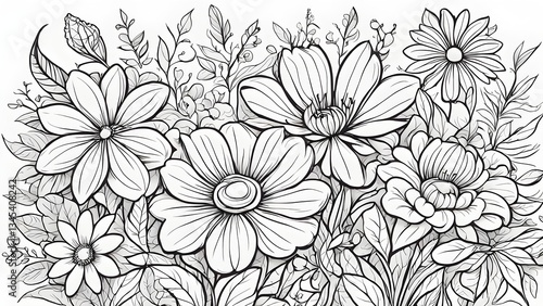 Wallpaper Mural Detailed black white illustration a lush floral bouquet featuring various flowers leaves. Torontodigital.ca
