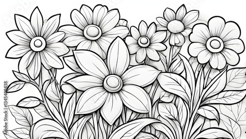 Wallpaper Mural A detailed close-up a black white line art illustration featuring a bouquet intricately drawn flowers leaves. Torontodigital.ca