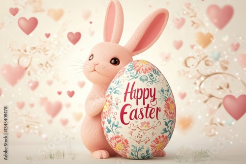 a pink bunny, holding a beautifully decorated Easter egg. The egg features vibrant floral designs and the words 