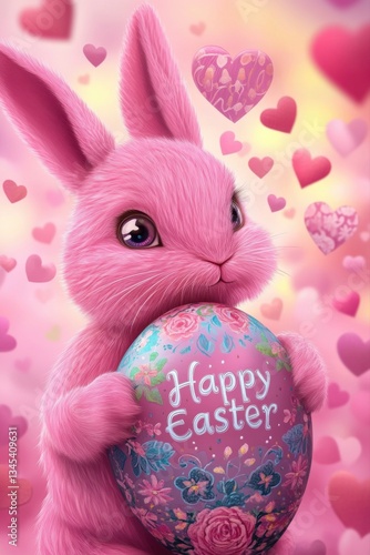 a pink bunny, holding a beautifully decorated Easter egg. The egg features vibrant floral designs and the words 