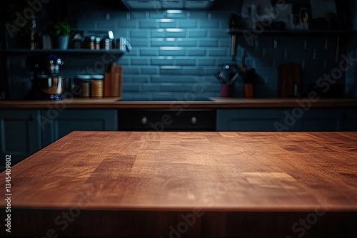 Wooden kitchen countertop in a dark, modern kitchen