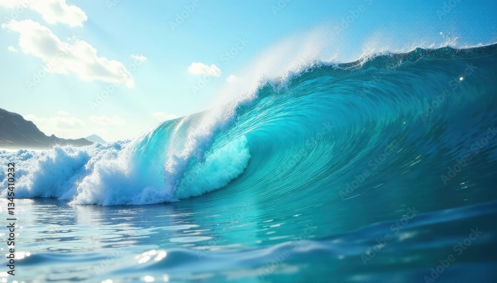 Obraz premium Ocean wave crashes, vibrant blue water, sunlit foam , image, nature