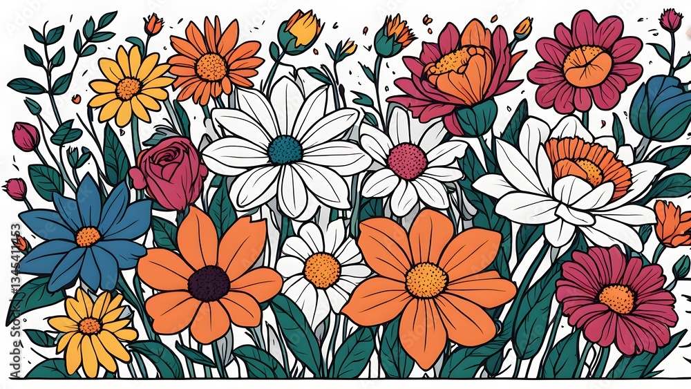 custom made wallpaper toronto digitalA lively illustration showcasing a diverse array colorful flowers full bloom, creating a cheerful vibrant summer garden scene.