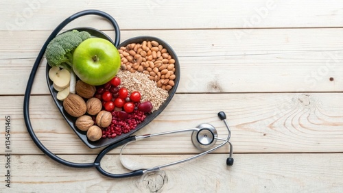 Healthy Food Arranged in Heart Shape with Stethoscope, Symbolizing Wellness and Nutrition in Medical and Dietary Concepts