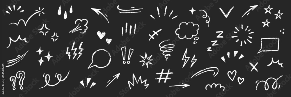 Line movement element hand drawn chalk effect decoration shape. Hand drawn cute doodle line element arrow, emphasis, shock, sparkle. Motion cartoon movement chalk icon. Vector illustration Line movement element hand drawn chalk effect decoration shape. Hand drawn cute doodle line element arrow, emphasis, shock, sparkle. Motion cartoon movement chalk icon. Vector illustration