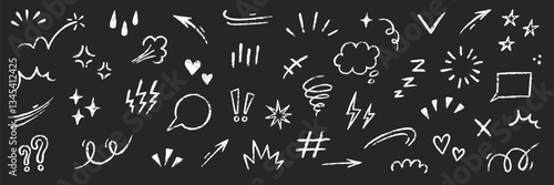 Line movement element hand drawn chalk effect decoration shape. Hand drawn cute doodle line element arrow, emphasis, shock, sparkle. Motion cartoon movement chalk icon. Vector illustration