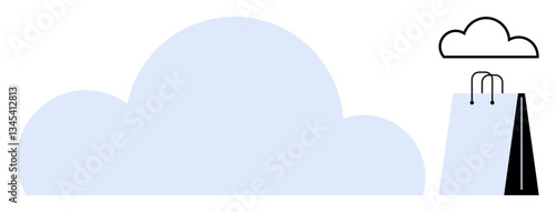 Large cloud graphic paired with a shopping bag illustrating cloud computings role in e-commerce, sustainability, and virtual storage. Ideal for e-commerce, technology, cloud storage, innovation