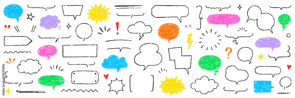 Fototapeta premium Crayon speech bubble text frame dialog balloon hand drawn set. Crayon chalk doodle talk speech bubble frame. Hand drawn chalk dialog balloon, children color doodle text cloud. Vector illustration.