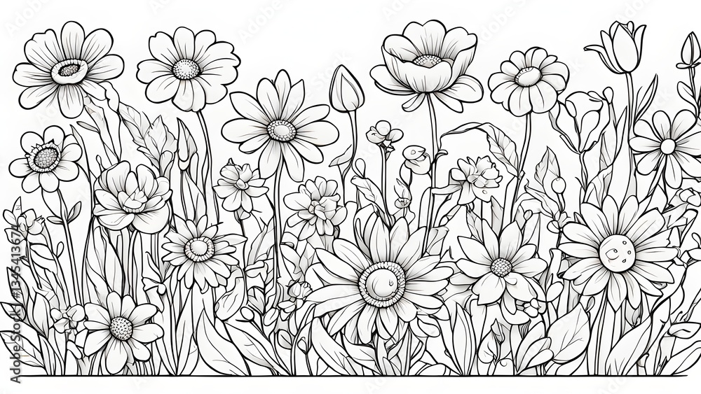Fototapeta premium A detailed black white illustration showcasing a diverse array wildflowers full bloom.
