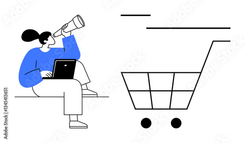 Person sitting with laptop, using telescope near shopping cart, symbolizing market research, e-commerce, consumer behavior, future opportunities, trends analysis. Ideal for innovation, e-commerce