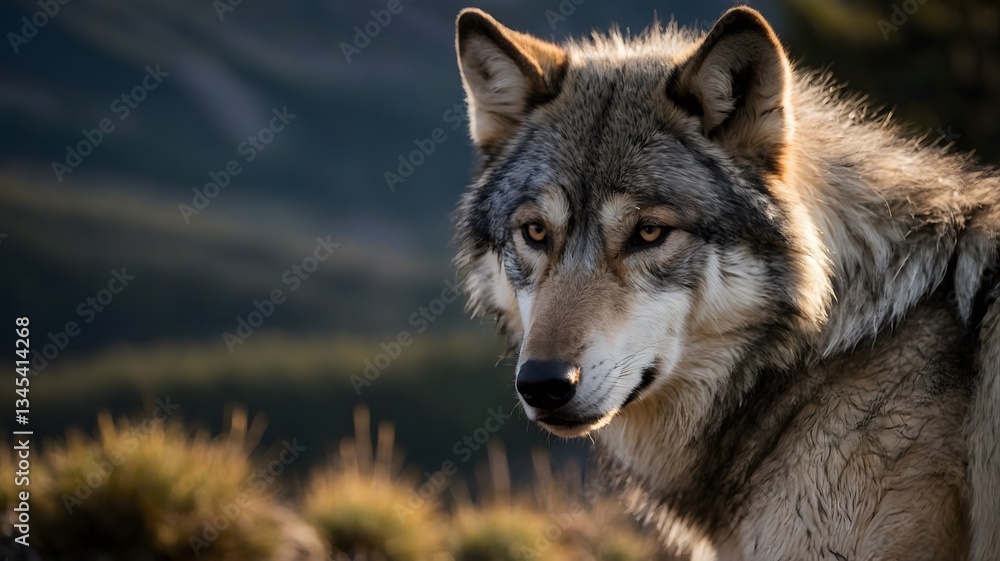Intimate Portrait of Bernard's Wolf, Featuring an Intense Gaze with Rugged Landscape Behind Intimate Portrait of Bernard's Wolf, Featuring an Intense Gaze with Rugged Landscape Behind