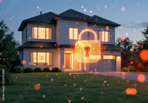 A modern two-story house at dusk, Modern smart home at night is being protected by a security system with a digital padlock icon, illuminated with warm interior lighting