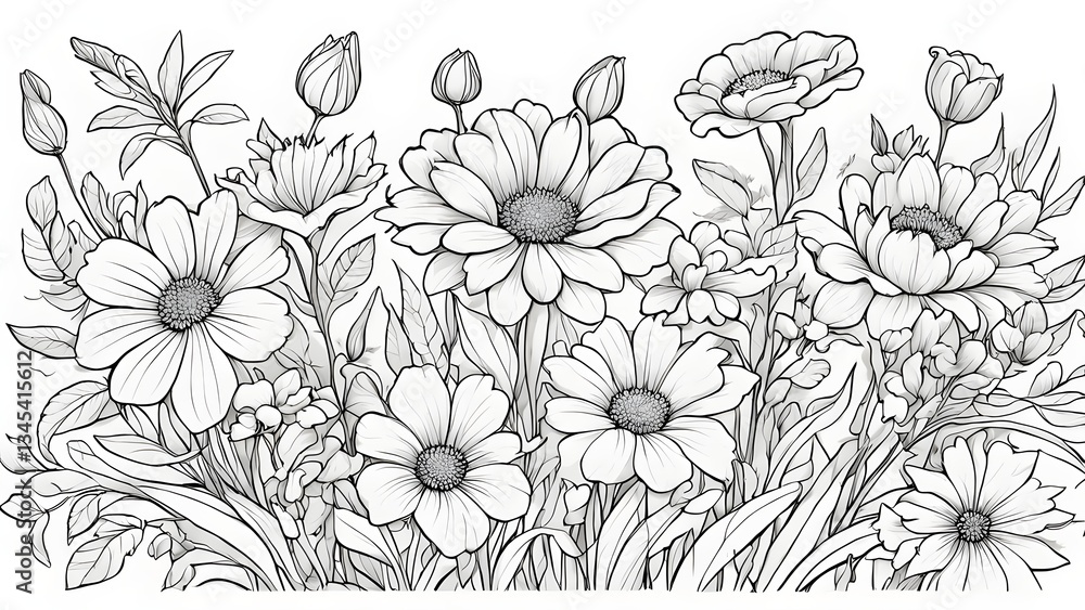 Fototapeta premium Intricate line drawing a lush bouquet featuring various flowers leaves.