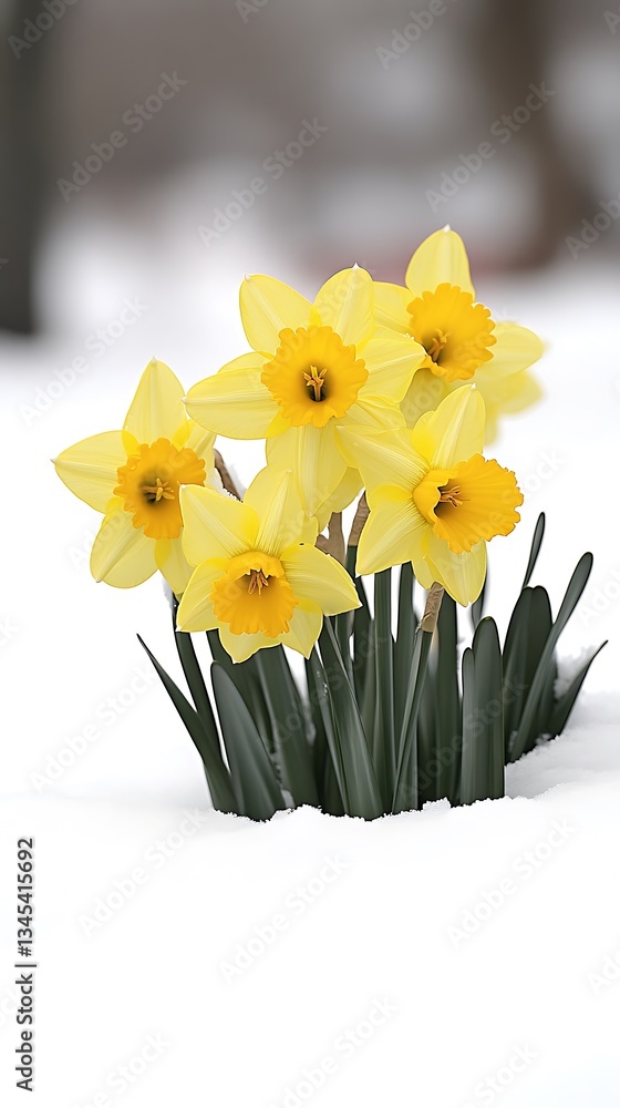 Daffodils blooming in winter snow. Daffodils blooming in winter snow.