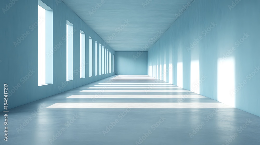 Blue Tone Hallway with Windows Showing Sunlight and Long Shadows Across the Floor Surface Blue Tone Hallway with Windows Showing Sunlight and Long Shadows Across the Floor Surface