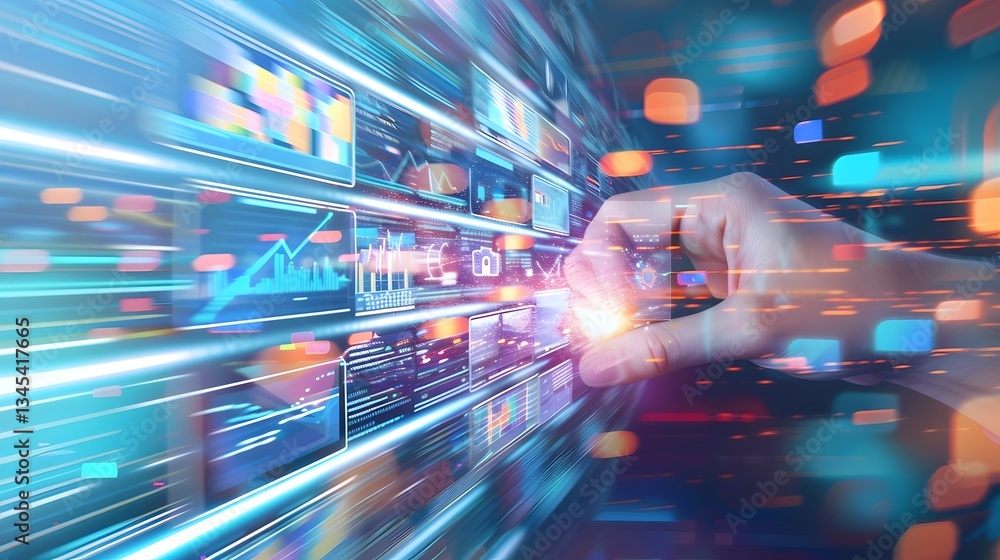 Fototapeta premium Futuristic digital interface with overlapping holographic panels luminous neon accents and a dynamic blurred pattern This abstract technology inspired background evokes a sense of innovation