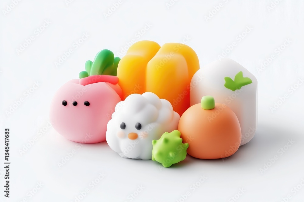 Colorful, stylized, 3D food illustration. A collection of cute, cartoonish fruits and vegetables, in pastel colors, presented in a playful manner Colorful, stylized, 3D food illustration. A collection of cute, cartoonish fruits and vegetables, in pastel colors, presented in a playful manner