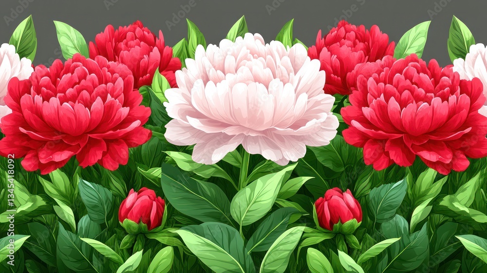 Vibrant peonies in red and white, with lush greenery Vibrant peonies in red and white, with lush greenery