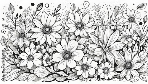 Wallpaper Mural A detailed black white illustration a lush bouquet various flowers leaves. Torontodigital.ca