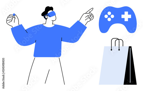 Person using VR headset and controller, pointing in a simulated environment, alongside a shopping bag and gaming controller. Ideal for innovation, gaming, virtual shopping, e-commerce, future tech