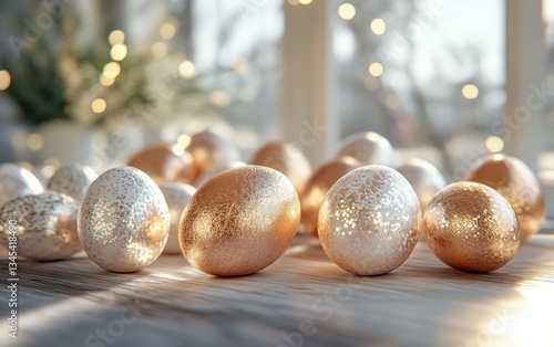 Wallpaper Mural Happy Easter Sunday background, A variety of Easter eggs with metallic foil finishes, placed in a scattered arrangement across a textured wooden table, with soft-focus spring lighting  Torontodigital.ca