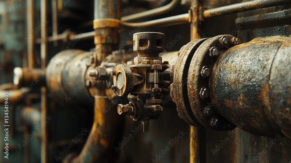 Industrial Pipe System Close-Up with Rust and Weathered Metal Industrial Pipe System Close-Up with Rust and Weathered Metal